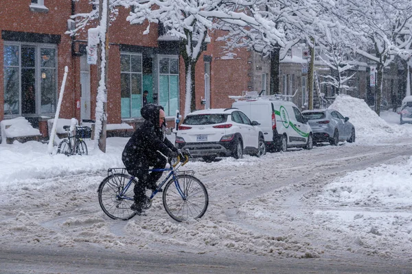 Montreal, CA, 17 Aralık 2022: Kar fırtınası sırasında Rachel Caddesi 'nde bisiklet süren kadın