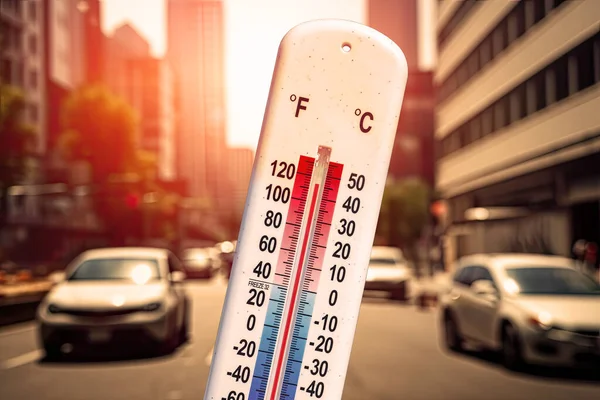 熱波の際の車や交通の前の温度計 — ストック写真