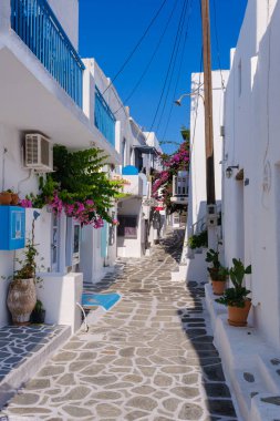 Naousa, GR - 2 Ağustos 2023: Cyclades 'de bougainvillea ile tipik bir çakıl taşı caddesi
