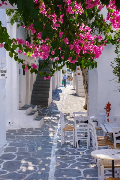 Naousa August 2023 Typical Coblestone Street Bougainvillea Cyclades Stock Photo