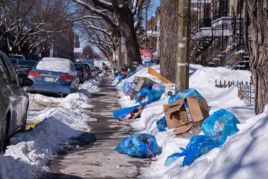 Montreal, Kanada. 3 Mart 2025; Çöp toplama çalışmaları geçen kış yaşanan fırtınadan beri askıya alındığından beri geri dönüşüm torbaları sokaklara yayılıyor.