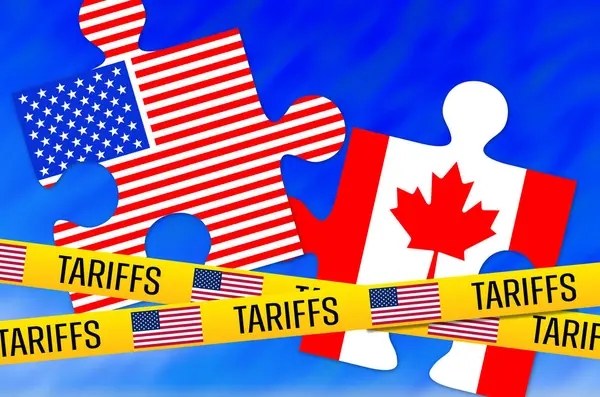 ABD ve Kanada 'nın bulmaca parçalarının önünde gümrük bandı, ticari engelleri ve ekonomik gerilimi sembolize ediyor
