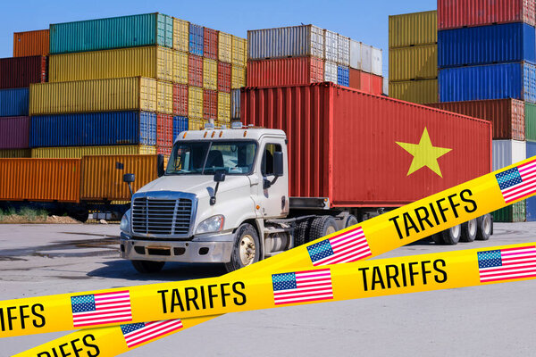 Вьетнамский контейнер на грузовике, заблокированный лентой "Тарифов" США, символизирующий влияние торговой войны на отношения между Вьетнамом и США - Montage