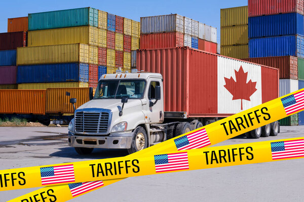 Канадский контейнер на грузовике, заблокированный лентой "Тарифов" США, символизирующий влияние торговой войны на отношения между Канадой и США - Montage