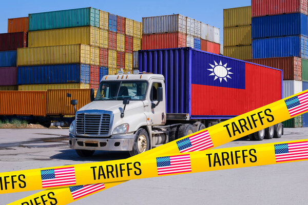 Тайваньский контейнер на грузовике, заблокированный лентой "Тарифов" США, символизирующий влияние торговой войны на тайваньско-американские отношения - Montage