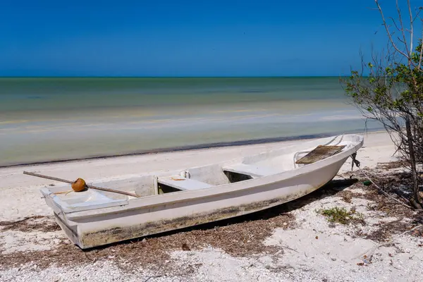 Holbox 'ta kumlu bir sahilde beyaz bir tekne manzarası. Okyanus ve arka planda açık mavi bir gökyüzü..