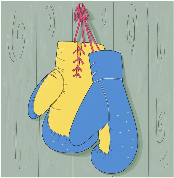 Боксерские Перчатки Висящие Шнурках Сером Фоне Голубой Желтый — стоковый вектор