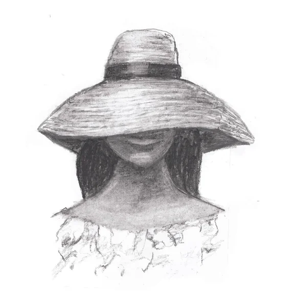 Σκίτσο Μιας Όμορφης Κοπέλας Ψάθινο Καπέλο Σχέδιο Μολυβιού — Διανυσματικό Αρχείο