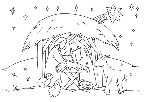 Printable Krippe Malvorlagen Für Kinder Eine Weihnachtskrippe Färbung Karikatur Mit — Stockvektor