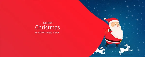 雪の青の背景に贈り物の赤い袋とサンタクロースとジャンピングバニー メリークリスマスとウサギの幸せな新年 — ストックベクタ