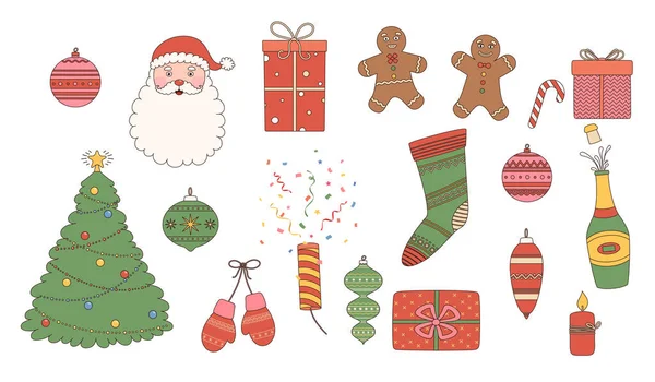 Christmas New Year Stickers Cartoon Retro Style Santa Head Gingerbread — Stock Vector