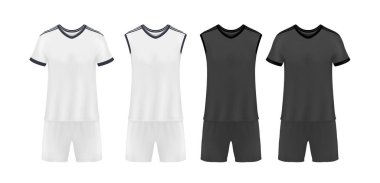 Tişört modelleme seti, ön manzara. Spor kıyafetleri, formalar, tişörtler, futbol kulübü için şortlar..