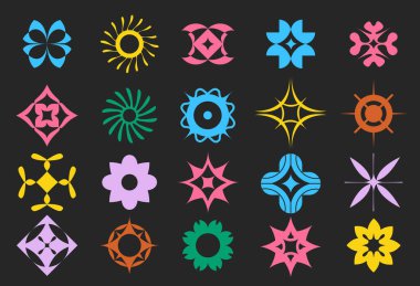 Geometrik yuvarlak şekiller, çiçek ve taç yaprakları, yıldızlar ve güneş şeklinde. Renkli tonlarda minimal estetik retro dekoratif elementler.