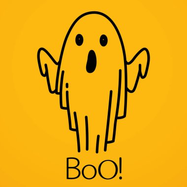 Korkunç suratlı Cadılar Bayramı hayaleti. Turuncu arka planda karikatür tarzında ürkütücü bir ruh..