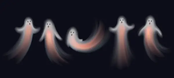Läskiga Halloweenspöken Med Läskiga Ansikten Vita Flygande Andliga Monster Eller — Stock vektor