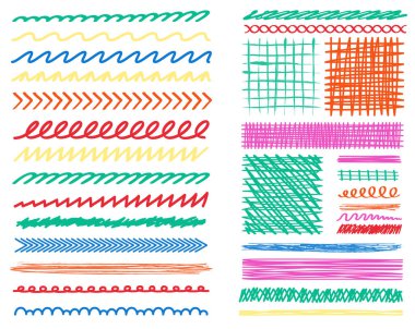 Fırça darbeleri, dalgalı kalem çizgileri, kalemler. Çiziklerin, çiziklerin üzerini çizen vektör koleksiyonu.