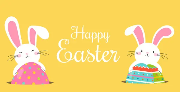 Conejito Blanco Con Coloridos Huevos Pascua Sobre Fondo Amarillo Ilustración de stock