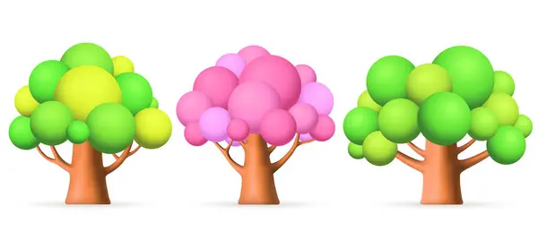 3D绿色 粉红的树白色背景 森林植物集 图库插图