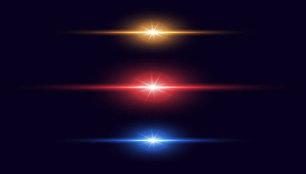 Световые лазерные линии с яркими лучами. Абстрактный неоновый свет со вспышкой, эффект бликов красного, синего, оранжевого цвета.