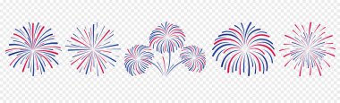 Colorful exploding fireworks on transparent background. Set of different fireworks with red, blue colors.