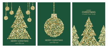 Yılbaşı tebrik kartları. Altın Noel ağacı, yeni yıl baloları, kapak, afiş ve davetiye şablonu için minimal poster tasarımı.