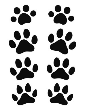 Hayvan pençesi izleri. Beyaz arka planda köpek ya da kedi izleri var. Hayvan, vahşi hayvan ayak parmağı sembolleri..