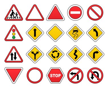 Kırmızı, sarı yol işaretleri. Geçiş işareti, trafik ışığı, sola oklar, sağa dönüş, yasak, izin verildi, dur sinyali, tehlikeli yol.