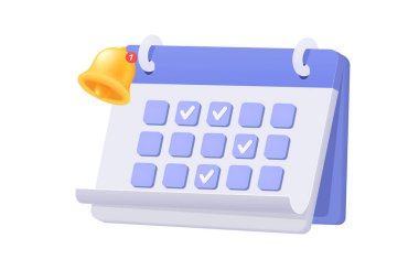 Çan ve ajandalı etkinlik takvimi. Masaüstü ofis etkinlik planlayıcısı beyaz arkaplanda.