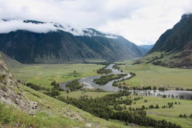 Resimli yeşil Chulyshman Nehri Vadisi, Altai Cumhuriyeti, Rusya. Yaz zamanı doğal manzara, bulutlardaki dağlar. Yüksek kalite fotoğraf