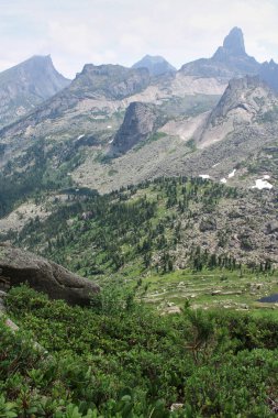 Taygish 2 'den Ergaki Ulusal Parkı' nın en yüksek kayalık tepelerine kadar olan dağ geçidine bakın. Sibirya, Krasnoyarsk bölgesi, Rusya. Yaz manzarası. Dağ turizmi ve dağcılık dikey fotoğrafı