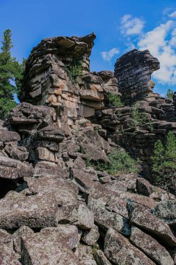 Tourist attraction and Climbing training area in wild nature. Hike at kuturchinskoye belogorye Krasnoyarsk region. Group of Amazing shaped Syenite rocks igneous mountain formation. layers of magma.  clipart
