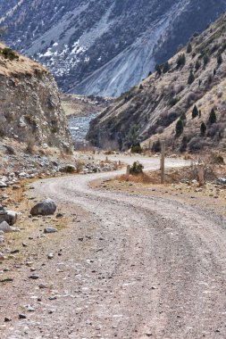 Sarmal çakıllı kayalık dağ yolu. Kırsal alanda garaj yolu. Baharın başlarında, sarı ve kahverengi çimen ve bitki örtüsü, yol kenarında taşlar. Yüksek kaliteli dikey fotoğraf