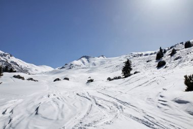 Kar üzerinde kayak ve snowboard izleri, Karakol kayak merkezinde. Dağ yamacı, kış manzarası, Kırgızistan. Kırgızistan 'da güneşli bir gün, ekstrem sporlar. Kırgız Cumhuriyeti, Kırgızistan