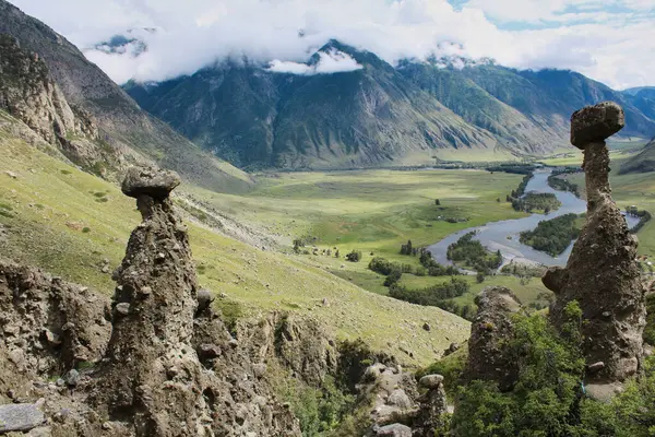 Yazın Chulyshman Nehri Vadisi, Altai Cumhuriyeti, Rusya 'da doğal taştan mantarlar. Doğanın jeolojik anıtı