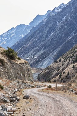 Dağlara yolculuk. Virajlı yol, dik yamaçlı yüksek kayalık dağlar. Yüksek kaliteli dikey fotoğraf.