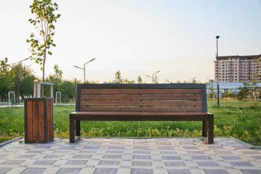 Tahta, metal bank ve şehir parkındaki çöp tenekesi. Yeşil çimenler ve kaldırım taşları. 