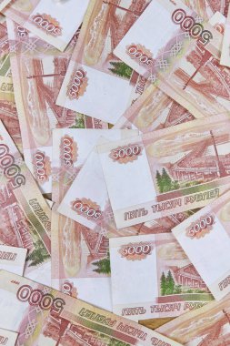 Rus parası, 5000 Rus Rublesi 'nin geçmişi, üst görünüm, yakın plan. Döviz kurları, nakit birikimi, bankacılık sistemi