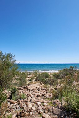 Vahşi sahil, büyük Issyk-Kul Gölü 'nün güney kıyısının Taş Sahili, Kırgızistan' da yaz tatili. Açık mavi gökyüzü, zümrüt renkli gölet suyu, küçük dalga. Kirgiziya seyahat rotası