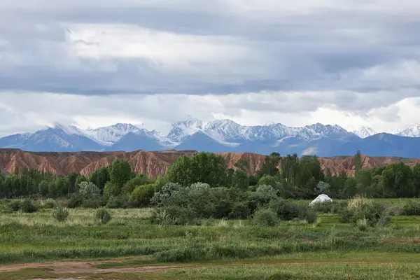 Farklı arazi, yeşil bitkiler arasında beyaz çadır, göçebelerin evi. Çeşitli topraklar, kumtaşı, yüksek karlı dağlar. Kırgızistan 'ın inanılmaz katmanlı doğası, doğal manzarası. Yaz seyahati Kirgiziya