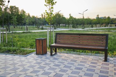 Tahta, metal bank ve şehir parkındaki çöp tenekesi. Yeşil çimenler ve kaldırım taşları. 