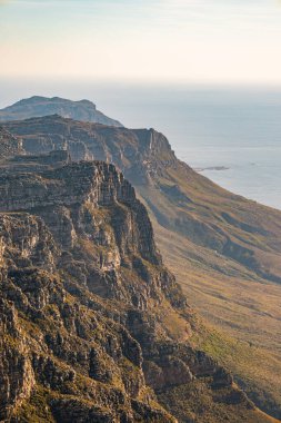 View from top of Table Mountain to costal, natural landscape, Cape Town, South Africa. Tafelberg, Atlantic Ocean clipart