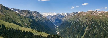 Karakol bayrağı, Kırgızistan. Yaz dağı manzarası, yeşil orman, yüksek dağlar ve karlı zirveler.