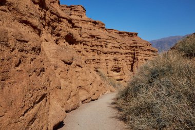 Kanyonun dibinde, kırmızı kumtaşı kayalarıyla çevrili yürüyüş izleri.