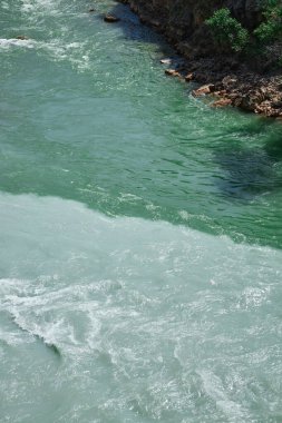 Zümrüt yeşili ve turkuaz çamurlu su, nehir kenarı.