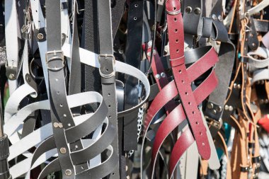 Deri vücut, kadın koşumu, siyah ve kırmızı kayışlar