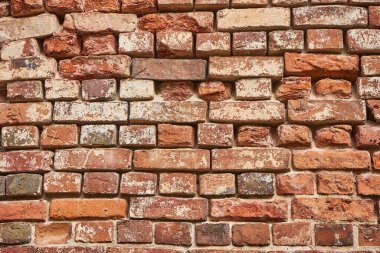 Eski kırmızı tuğla duvar arka planı, düzensiz tuğla işçiliği