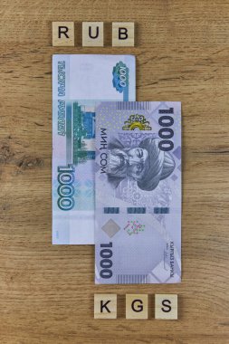 Ruble 'den som döviz kuruna. Yazılı 1000 Rus rublesi ve KGS yazılı 1000 Kırgız rublesi.