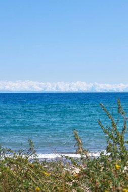 Büyük Issyk-Kul Gölü 'nün güney kıyısında, Kırgızistan' da yaz tatili. Açık mavi gökyüzü, zümrüt renkli gölet suyu, küçük dalga. Kirgiziya seyahat rotası