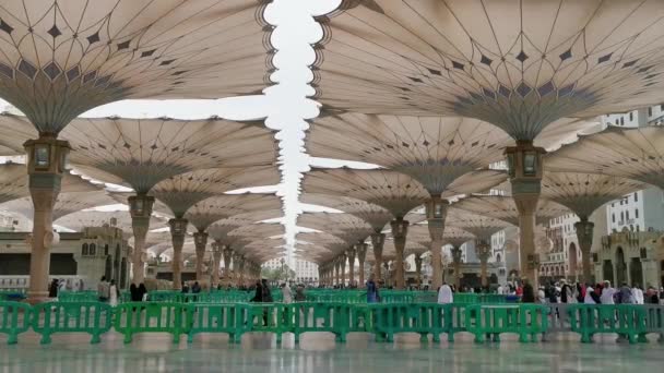 Vista General Caminata Musulmana Entrada Bajo Sombrillas Gigantes Mezquita Nabawi — Vídeos de Stock
