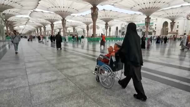 メディナ サウジアラビア ジャンナリー3 2023 一般的な見解 ムスリム女性は サウジアラビアのメディナのナバウイ モスクのコンパウンドで車椅子にイスラム教徒の男性を押します — ストック動画